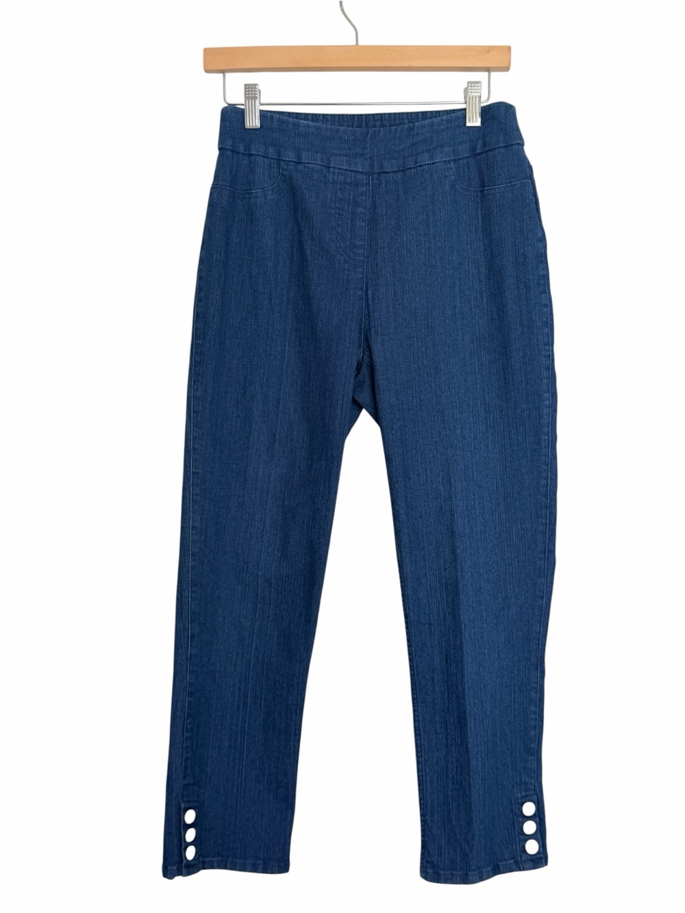 Soft Surroundings Navy Cropped Stretch Denim Pants with Ankle Buttons Sz S